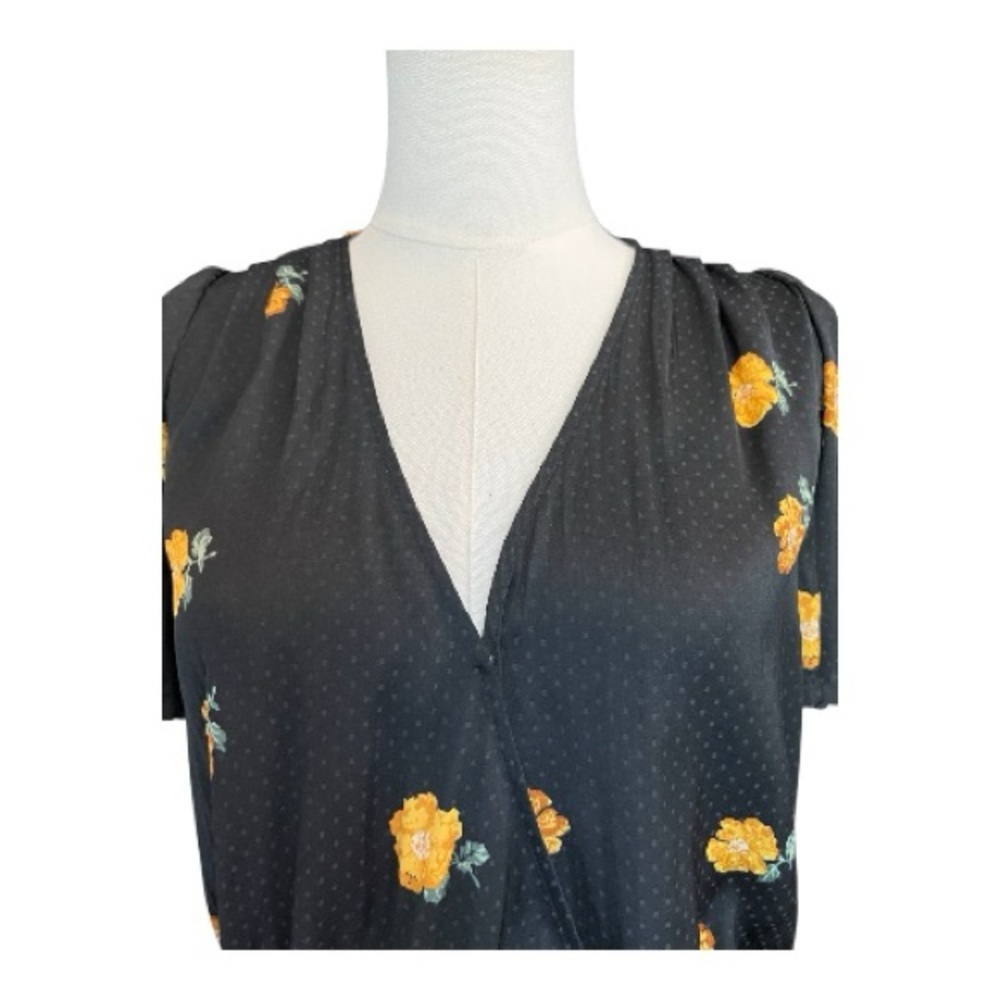 🖤💛 EUC MADEWELL Black & Yellow Floral Short Sleeve Wrap Blouse | Sz S - Picture 2 of 10